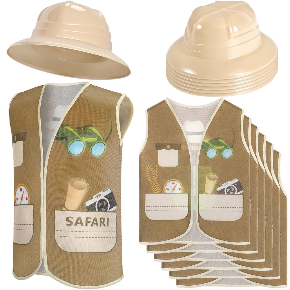Coume 12 Pcs Safari Hats and Vest Safari Dress Costume Include 6 Plastic Explorer Hats and 6 Jungle Vest Party Supplies for Theme Jungle Party Birthday Halloween Decorations