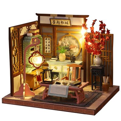 Montidey Chinese Style Lute-Playing, Chess, Calligraphy, and Painting,Wooden Miniature Dollhouse Kit with Furniture,DIY Antique Courtyard Model Dollhouse Puzzle Craft Gift (Calligraphy)
