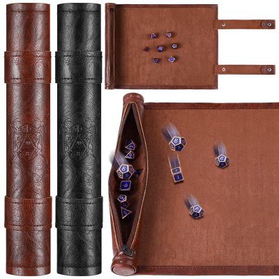 Civaner Dice Mat Tray Rolling Mat with Zipper PU Leather Folding Scroll Dice Bag Holder Table Christmas Game Accessories(Brown, Black,2 Pieces)