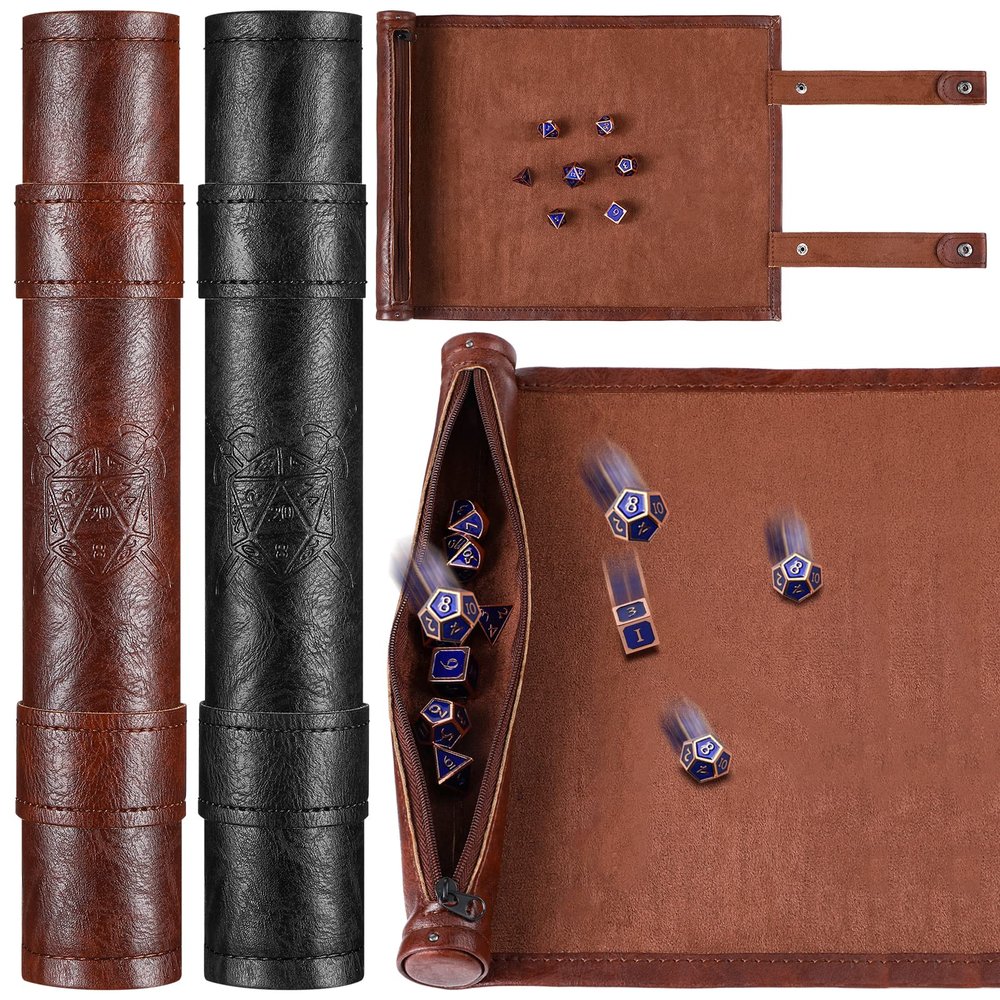 Civaner Dice Mat Tray Rolling Mat with Zipper PU Leather Folding Scroll Dice Bag Holder Table Christmas Game Accessories(Brown, Black,2 Pieces)