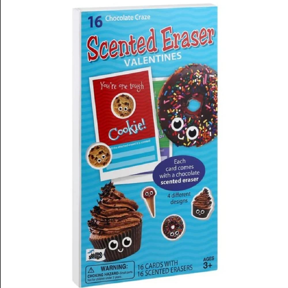 16 Scented Valentine Classroom Exchange Cards with Scented Erasers Chocolate Edition