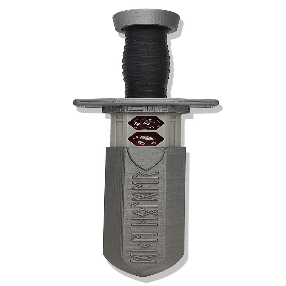 MunnyGrubbers - Sword Dagger Dice Holder - (Random 7PCS D20 Dice Set Included) - Custom Polyhedral Dice Storage for Tabletop RPG - Dungeons and Dragons - DND - D&D (Silver)