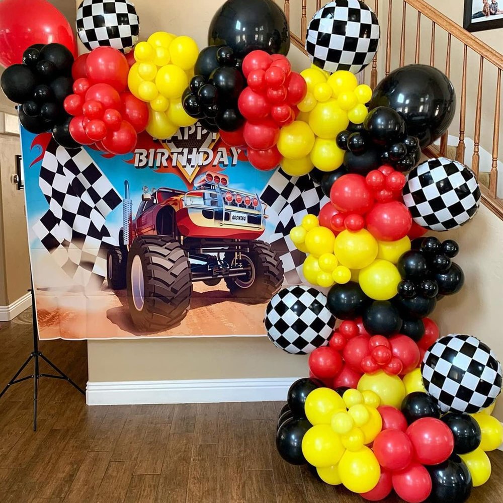 150PCS Race Car Balloons Arch Garland Kit Racing Car Birthday Party Checkered Foil Balloons for Birthday Decorations No Backdrop