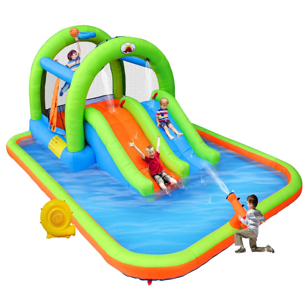 WELLFUNTIME Inflatable Jumping Castle with Blower, and Bouncy House with Double Slide with Basketball Ring, Jumping Area for 3 Kids