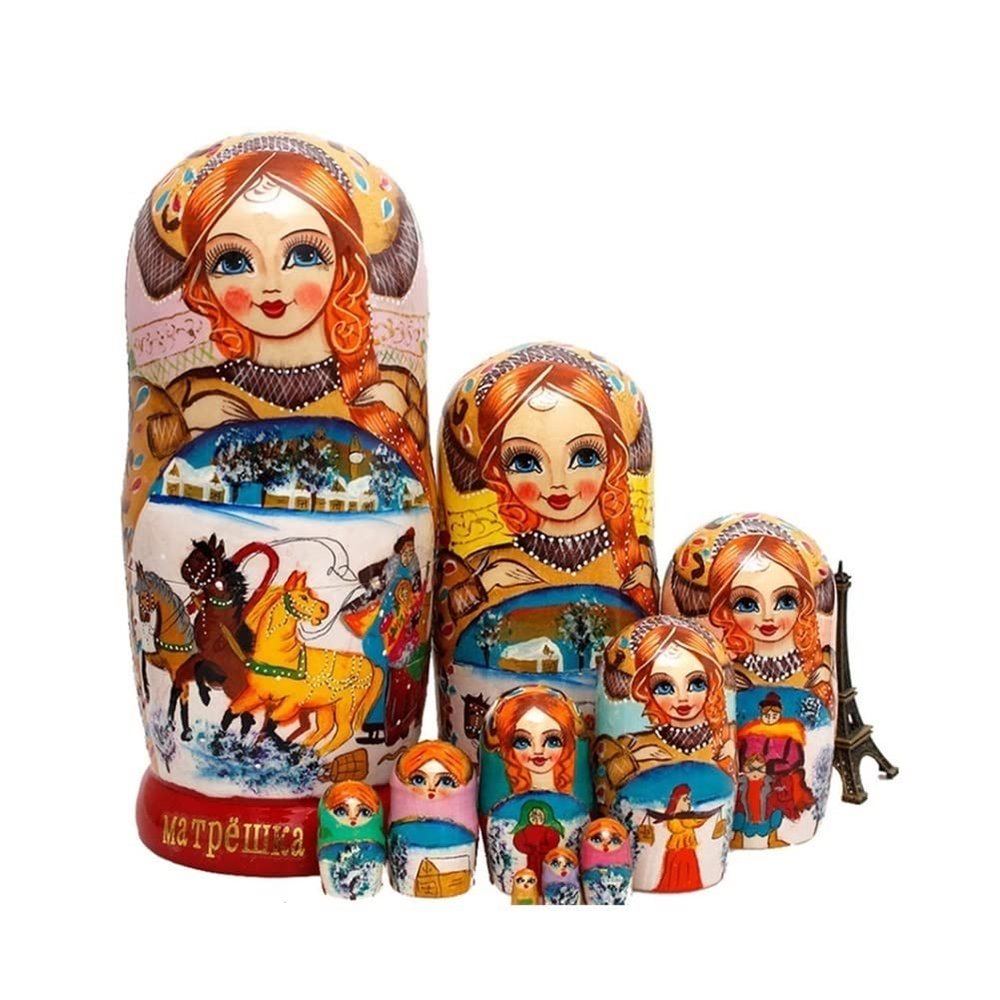 KKNH Matryoshka Matryoshka Handmade Wooden Traditional Russian Nesting Dolls 10-Piece Set of Children's Toys Home Decoration Blessing Gift