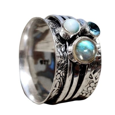 925 Sterling Silver Spinner Ring Wide Band Ring natural Gemstone Labradorite, Blue Topaz & Moonstone Spinner Ring, Fidget Spinner Ring, Anxiety Ring (11)