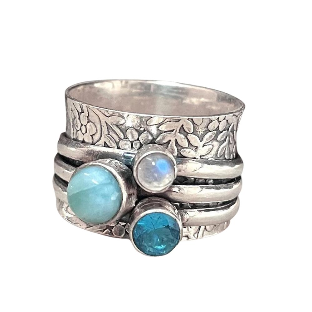 925 Sterling Silver Spinner Ring Wide Band Ring natural Gemstone Blue Topaz & Moonstone Spinner Ring, Fidget Spinner Ring, Anxiety Ring (11)