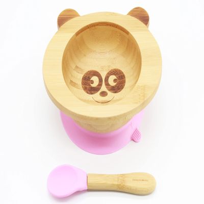 NOVEM OM Suction Bowls for Baby- Bamboo set- LED Weaning Spoons- BPA Free - Toddler bowl and spoon set- Pink