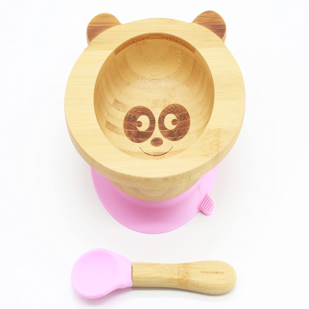 NOVEM OM Suction Bowls for Baby- Bamboo set- LED Weaning Spoons- BPA Free - Toddler bowl and spoon set- Pink