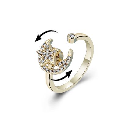 COLORFUL BLING Fidget Sunflower Evil Eye Daisy Spinner Stackable Rings Bee Butterfly Adjustable Open Rotatable CZ Cubic Zirconia Anti Stress for Women Wedding Jewelry-Gold Moon