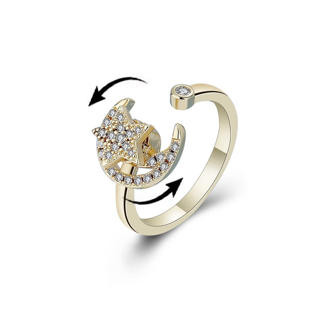 COLORFUL BLING Fidget Sunflower Evil Eye Daisy Spinner Stackable Rings Bee Butterfly Adjustable Open Rotatable CZ Cubic Zirconia Anti Stress for Women Wedding Jewelry-Gold Moon