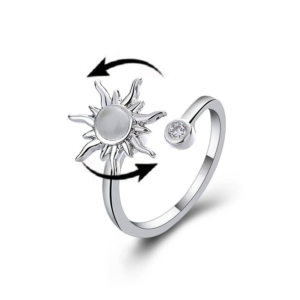 COLORFUL BLING Fidget Sunflower Evil Eye Daisy Spinner Stackable Rings Bee Butterfly Adjustable Open Rotatable CZ Cubic Zirconia Anti Stress for Women Wedding Jewelry-Sun