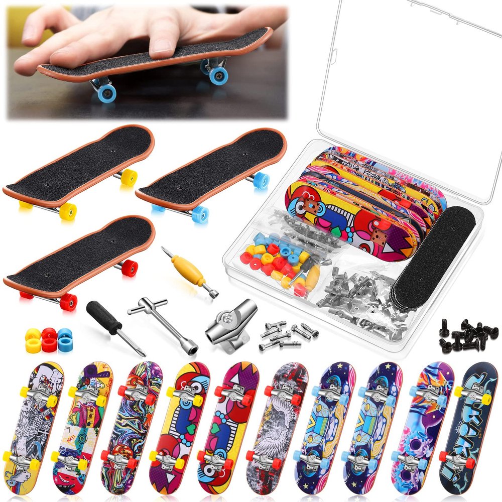 Civaner 10 Pack DIY Kids Finger Skateboard Set with Box and Replacement Accessories, Mini Collectible Fingerboard, Finger Toy Kit, School Gifts for Kids Children Finger Skater