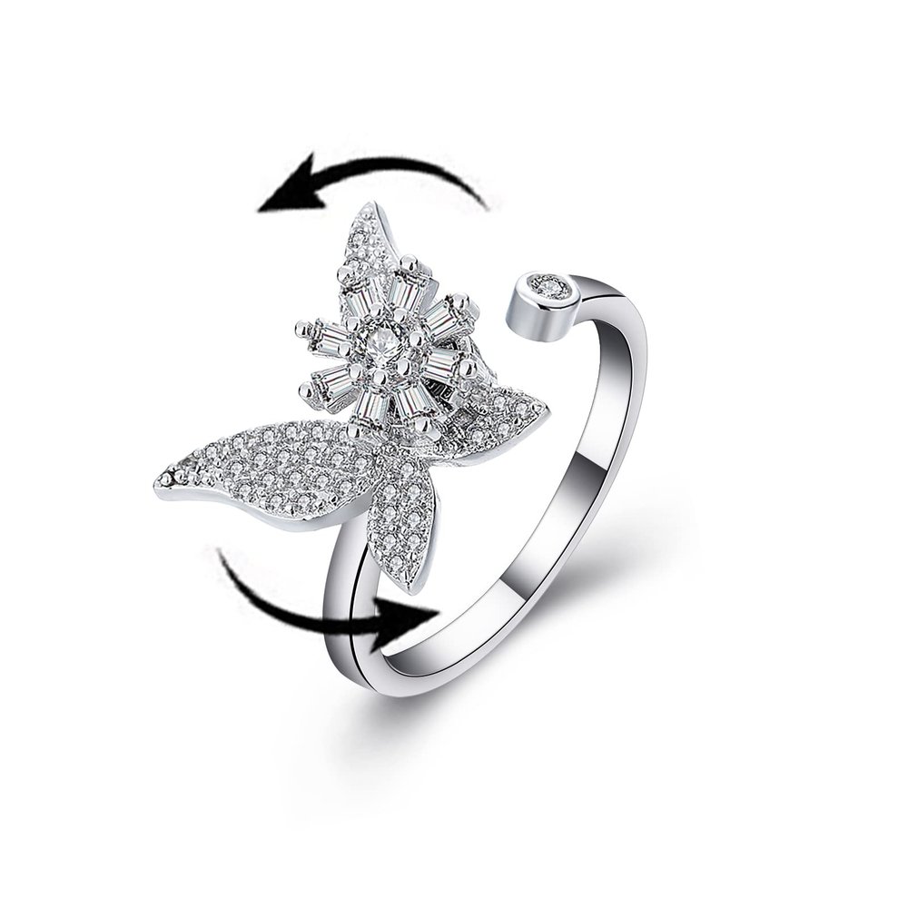 COLORFUL BLING Fidget Sunflower Evil Eye Daisy Spinner Stackable Rings Bee Butterfly Adjustable Open Rotatable CZ Cubic Zirconia Anti Stress for Women Wedding Jewelry-Silver Butterfly