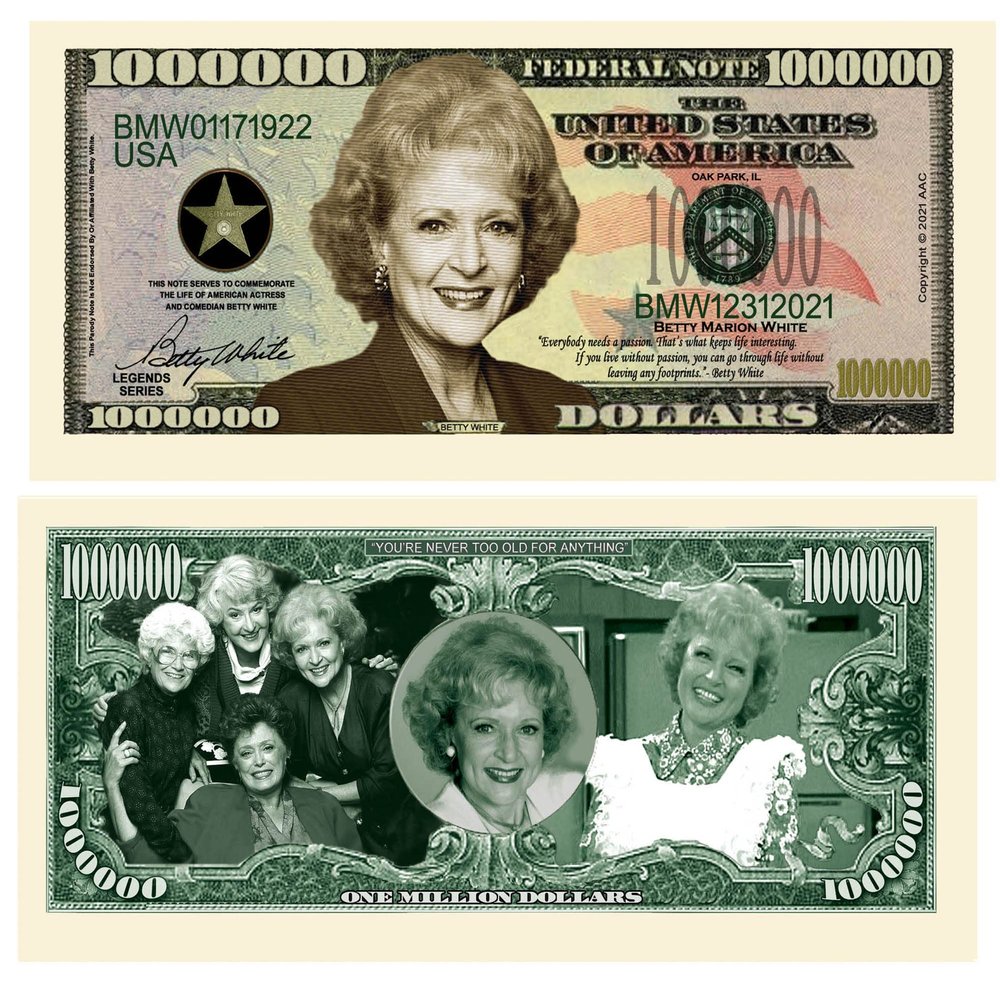 American Art Classics Betty White Million Dollar Bill - Pack of 25 - Limited Edition Commemorative Collectible Bill - Best Accessory Gift for Lovers of Betty White
