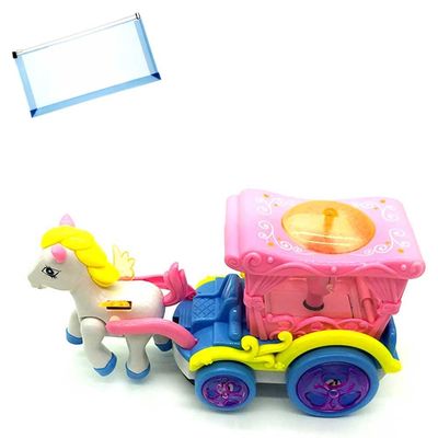 Omura Playset | Walking Horse and Carriage with Lights and Sound | Bonus: Multi-Purpose #10 Size Pouch (Color May Vary)