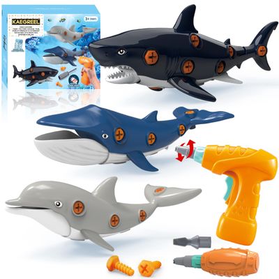 KAEGREEL Take Apart Shark Toys for Kids, Construction Take Apart Ocean Fish Toy with Electric Drill Screwdrivers, STEM Learning Building Toys for Boys Girls Birthday Gift Aged 3 4 5 6 7 8 Year Old