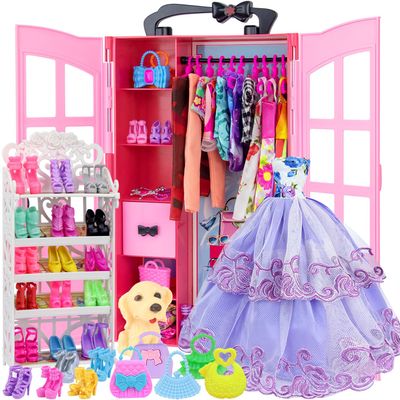 Ecore Fun 120 Pcs Fashion Doll Closet Wardrobe for Clothes and Accessories Storage Include Clothes, Dresses, Shoes, Shoes Rack, Bags, Necklace, Hangers for 11.5 Inch Girl Doll Clothes