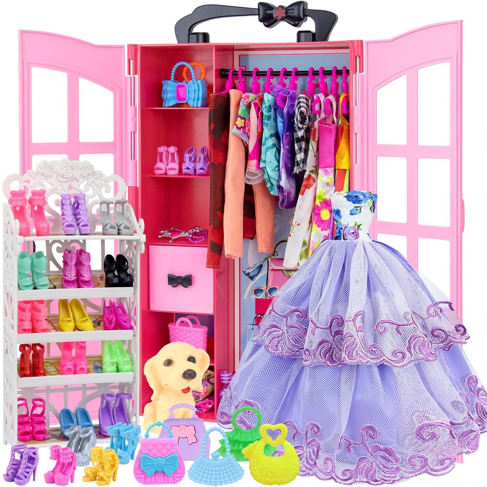 Ecore Fun 120 Pcs Fashion Doll Closet Wardrobe for Clothes and Accessories Storage Include Clothes, Dresses, Shoes, Shoes Rack, Bags, Necklace, Hangers for 11.5 Inch Girl Doll Clothes