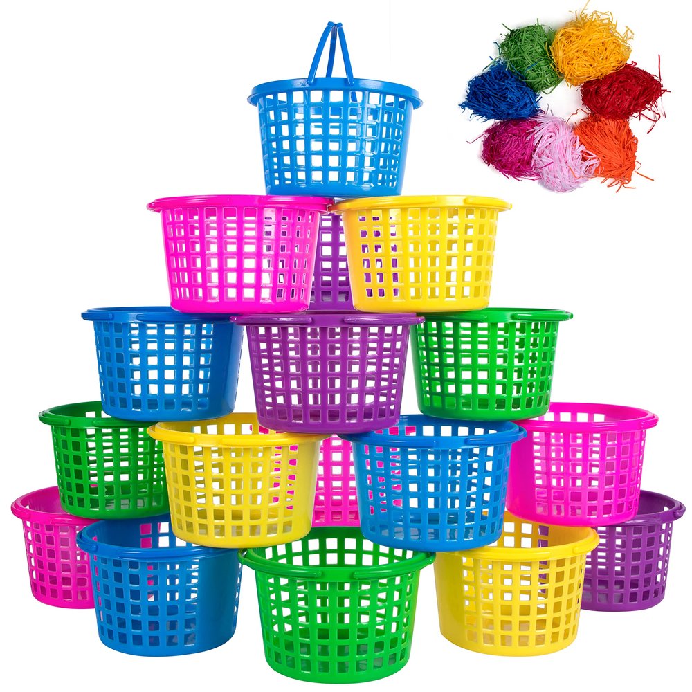 80UncleKimby 18PCS Easter Baskets Small for Kids Bulk with Handles Plus 70g Easter Grass Stuffers Fillers Egg Hunt Game Gifts Party Favors 6.5" x 6.7"