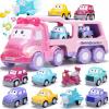 Cartoon Vehicle Toy for Toddler Girl, 9-in-1 Pink Carrier Truck for Baby Girls, Friction Power Transport Car with Light and Sound, Toys for 3 Years Old Little Girl Kid Child Infant Gift Birthday view 1
