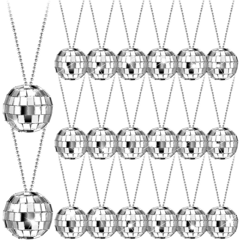 Sureio 20 Pcs Mirror Disco Ball Necklaces Silver Hanging Balls Ornaments 70s Mini Disco Party Ball 70s Jewelry Favor Decoration Accessories for Dance Supplies(1.57 Inch)