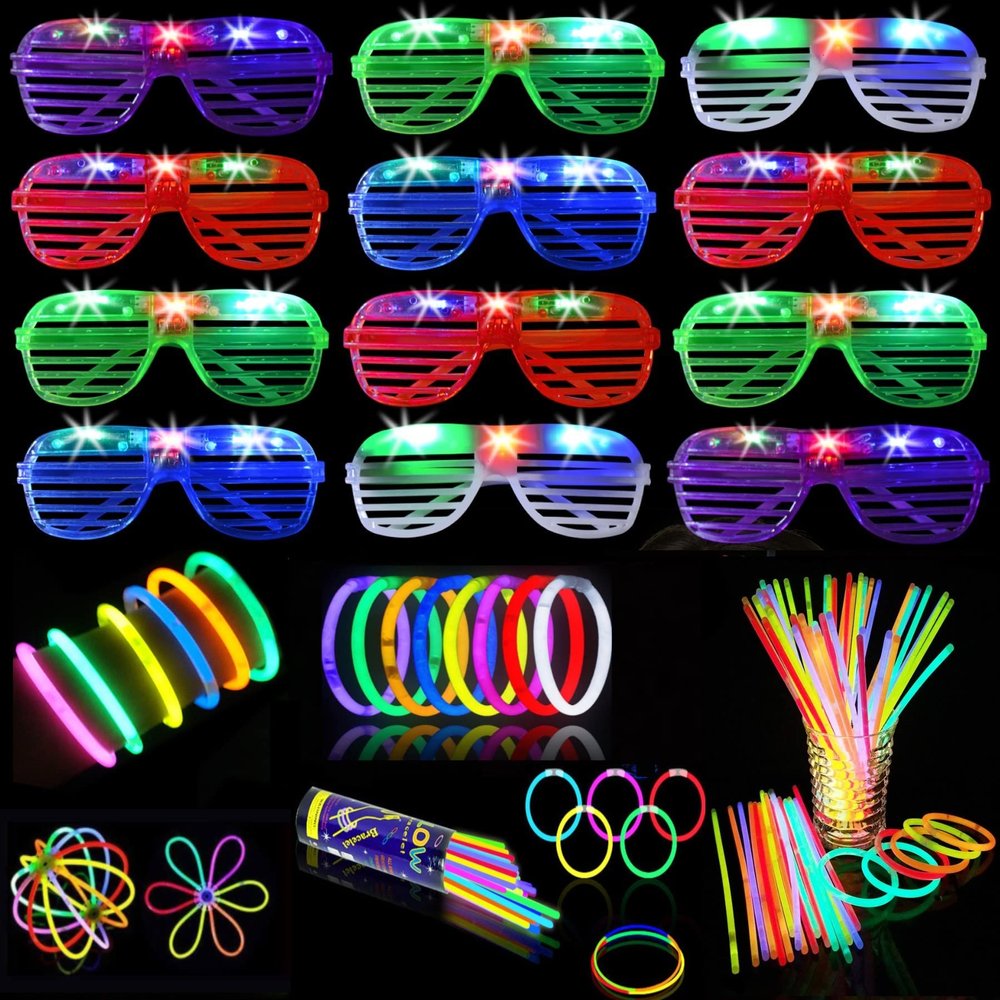 NUDALA 62 Pcs LED Light Up Party Favors 12 Glow Glasses with 50 Glow Sticks Necklaces Bracelets Bulk Light Up Toys for Christmas Easter 4th of July Party Favors Neon Carnival