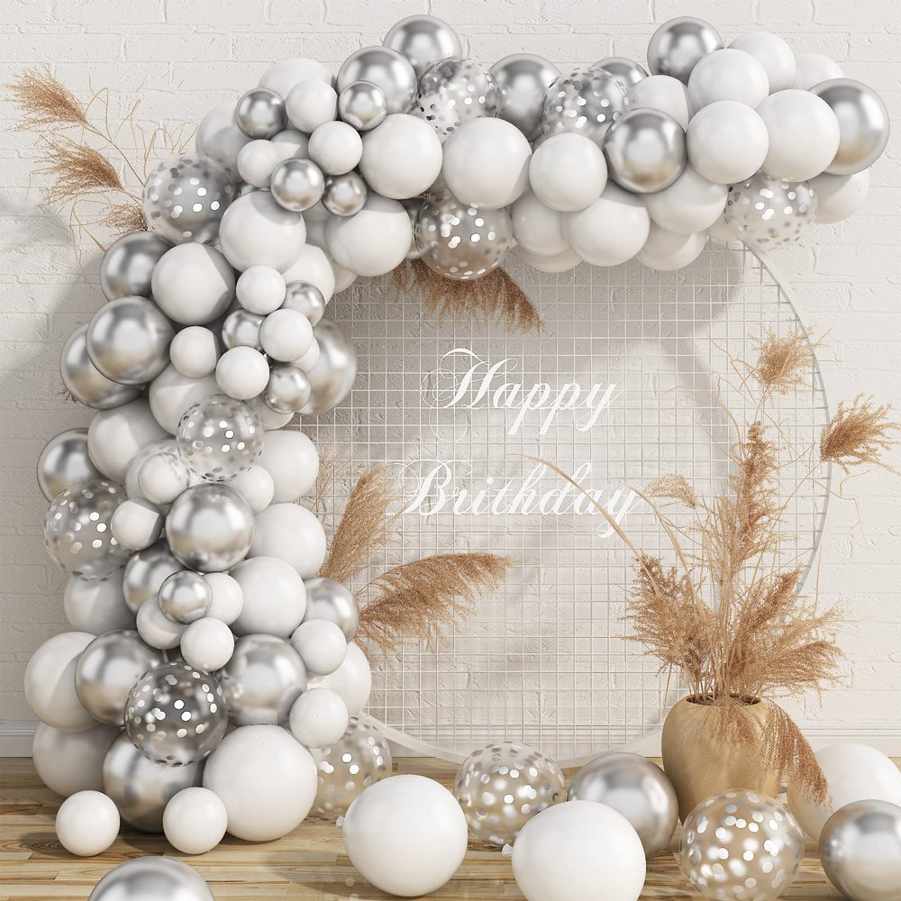 103pcs Balloon Arch Garland Kit, White Metallic Silver Latex Balloon Garland Party Decoration Set with Silver Confetti Balloons for Girls Birthday Wedding Bridal Engagement Baby Shower Valentine's Day