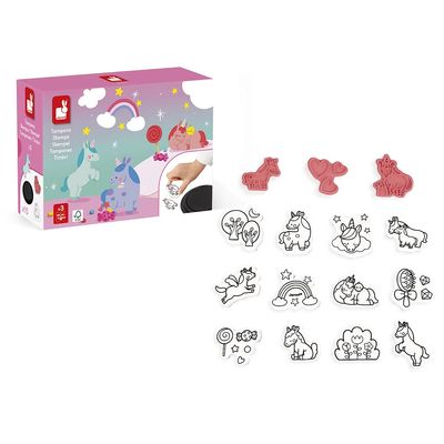 Janod - Stampinoo Unicorn Set - 15 Foam Stamps and 1 Ink Pad Suitable for Small Hands - Childrens Arts & Crafts - Fine Motor Skills and Creativity - 3 Years + - J07722