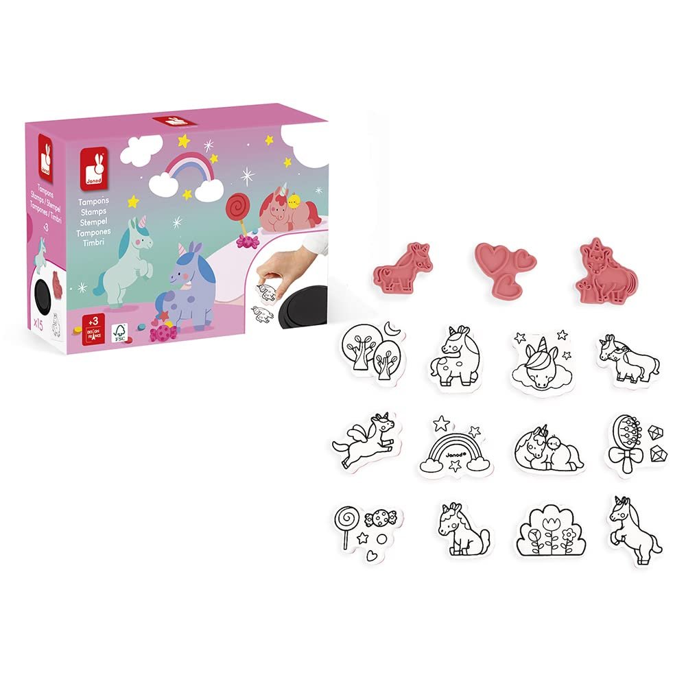 Janod - Stampinoo Unicorn Set - 15 Foam Stamps and 1 Ink Pad Suitable for Small Hands - Childrens Arts & Crafts - Fine Motor Skills and Creativity - 3 Years + - J07722