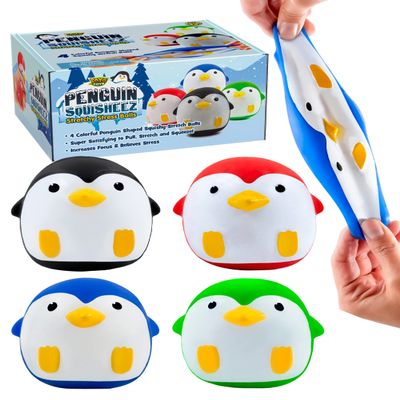 YoYa Toys Penguin Squisheez Squishy Stress Relief Balls (Set of 4) | Stretchy Fidget Animal Shaped Toys for Boys, Girls & Adults | Stretch Penguin Squeeze Toy | Great for ADHD, Autism, Anxiety