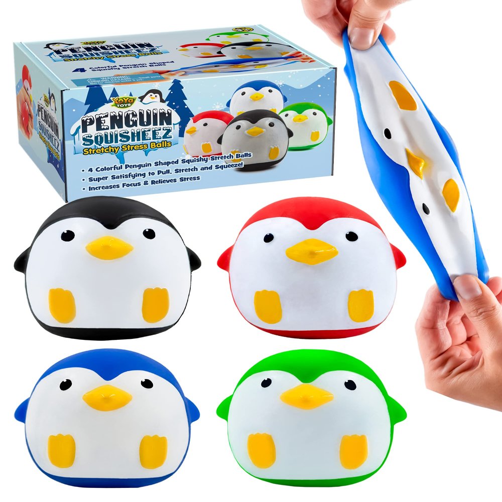 YoYa Toys Penguin Squisheez Squishy Stress Relief Balls (Set of 4) | Stretchy Fidget Animal Shaped Toys for Boys, Girls & Adults | Stretch Penguin Squeeze Toy | Great for ADHD, Autism, Anxiety