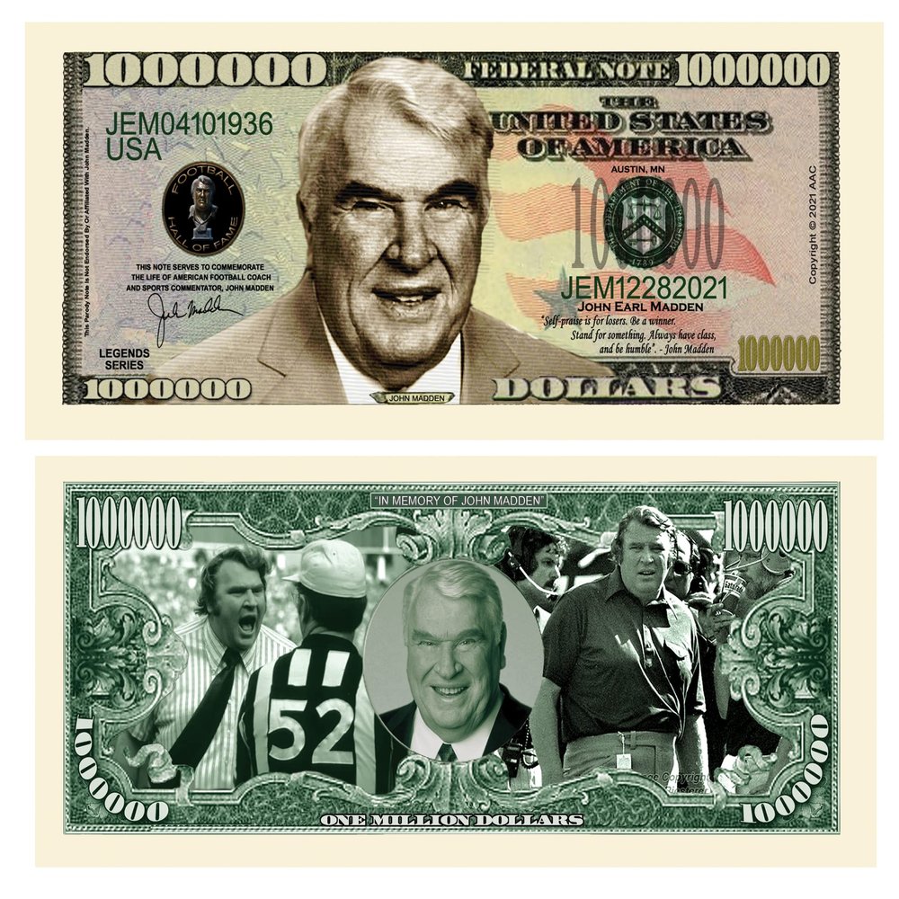 American Art Classics John Madden Limited Edition Novelty Dollar Bill in Currency Holder - Full Color Front & Back Printing. Great Gift Or Keepsake for Lovers of This Legendary Football Sports Hero