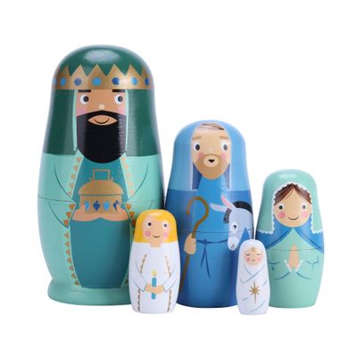 Yoption 5Pcs Russian Nestingdolls, Handmade Wooden Matryoshkadoll Jesus Nativity Nestingdoll Set for Christmas Easter Birthday Gift Party Home Decorations