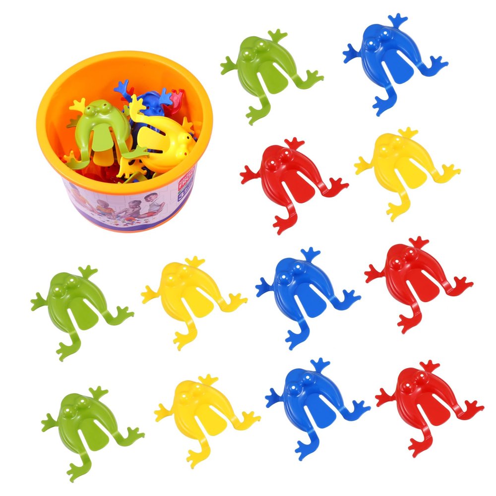 Kisangel 12pcs Plastic Jumping Frogs, Finger Pressing Bouncing Frog Toy with Bucket for Kids Easter Birthdays Party Favors, Mixed Color