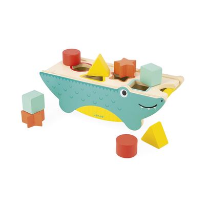 Janod - Tropik Shape-Sorting Crocodile - Wooden Early-Learning Toy - Educational Toy: Shapes and Colors - 8 Slot-in Shapes - Water-Based Paint - 1 Year + J08267