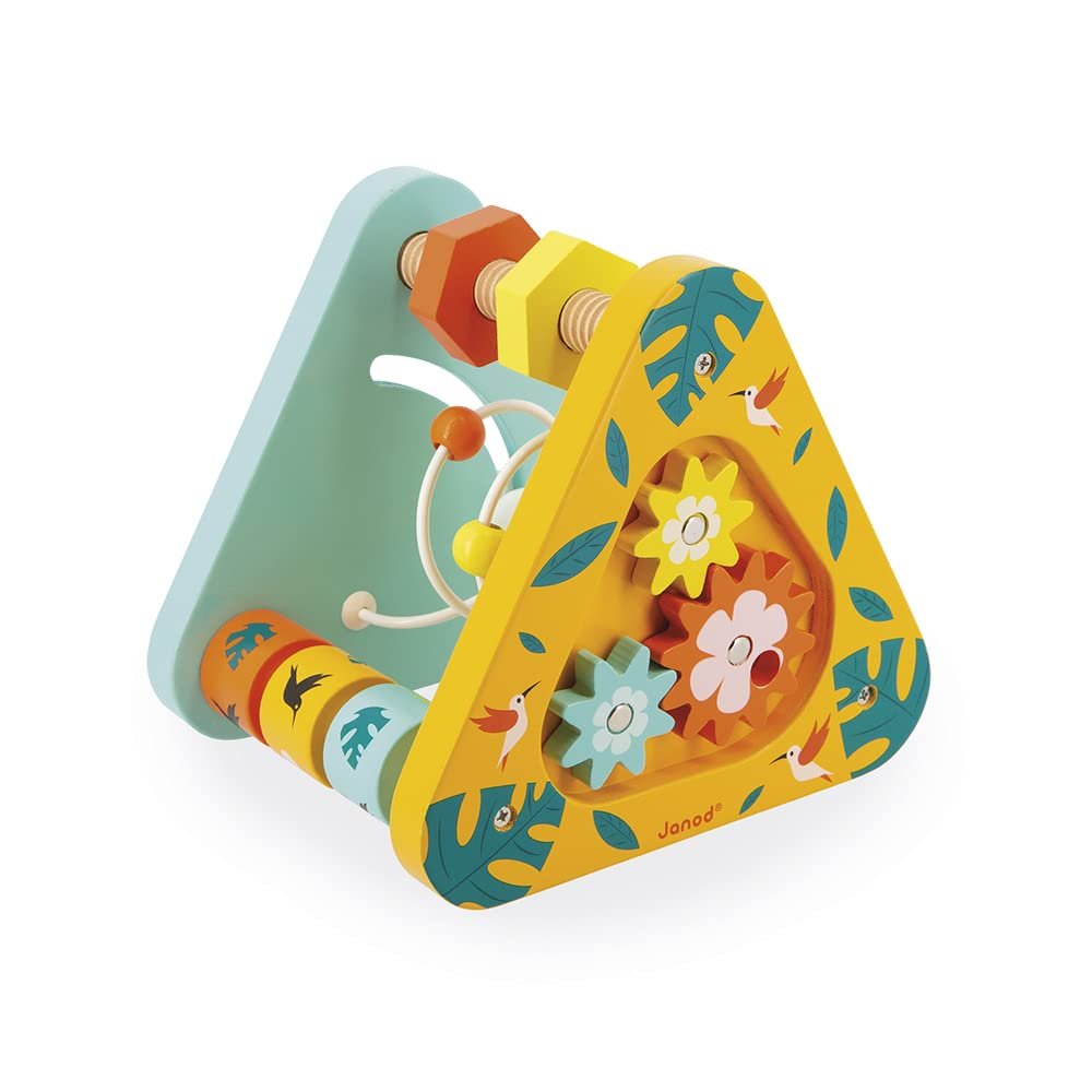 Janod - Tropik Multi-Activity Pyramid - Wooden Early-Learning Toy - Educational Toy: Motor Skills and Handling - 7 Activities - Water-Based Paint - 1 Year + J08268