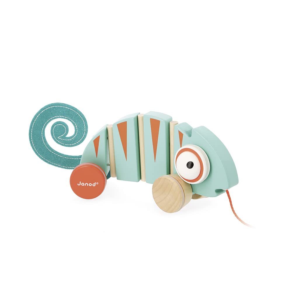 Janod - Tropik Pull-Along Chameleon - Wooden Early-Learning Toy - Silent Wheels - Educational Walking and Balancing Toy - Water-Based Paint - 1 Year + J08264