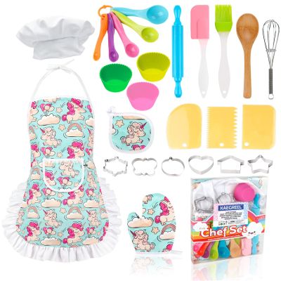 KAEGREEL Kids Baking Chef Set with Unicorn Apron and Mitt, 26pcs Kitchen Toys Kid Cooking Set with Chef Hat Spoons Whisk, Chef Supplies Role Play Gifts for Girls Boys Aged 3 4 5 6 7 8 Years Old