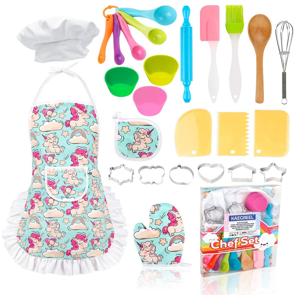 KAEGREEL Kids Baking Chef Set with Unicorn Apron and Mitt, 26pcs Kitchen Toys Kid Cooking Set with Chef Hat Spoons Whisk, Chef Supplies Role Play Gifts for Girls Boys Aged 3 4 5 6 7 8 Years Old