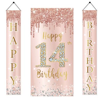 14th Birthday Door Banner Decorations for Girls, Pink Rose Gold Happy 14th Birthday Backdrop Sign & Happy Birthday Porch Party Supplies, Large 14 Year Old Birthday Decor for Outdoor Indoor