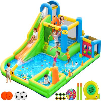 FBSPORT Inflatable Bounce House, 9 in 1 Water Slide with Blower, Bouncy House for Kids Indoor Outdoor Wet Dry Combo Water Bounce House with Football Shooting, Water Gun, Splash Pool, Bounce Area, Hose