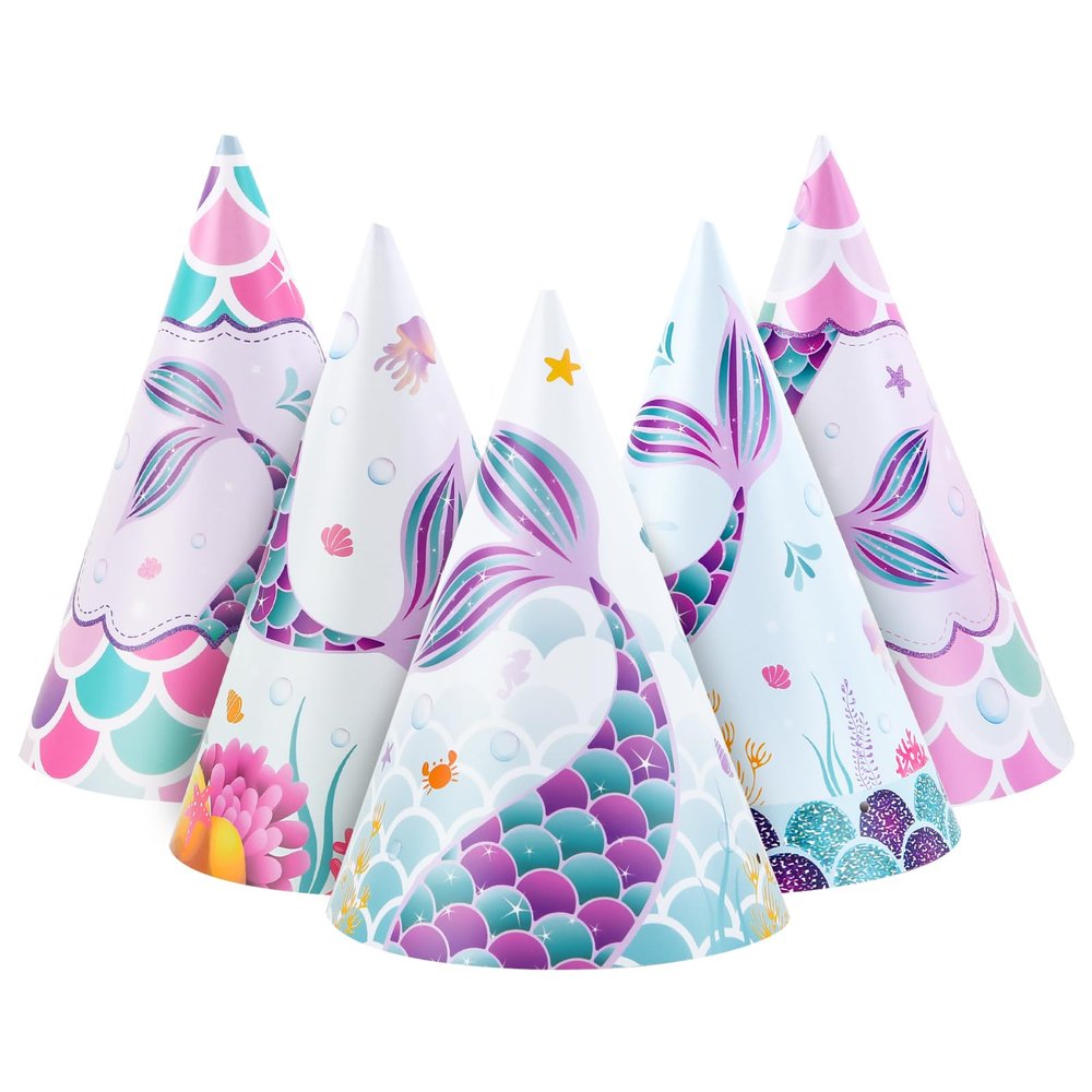 WERNNSAI Mermaid Party Hats (12 Pcs) - Colorful Coated Paper Headwear with Elastic Closure for Girls Kids Princess Dress up Theme Party Decorations, 4.7" x 6.7"