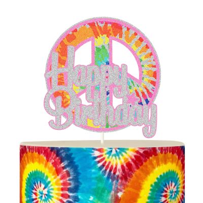 Tie Dye Happy Birthday Cake Topper,60's Hippie Theme Party Cake Decor, Peace and Love for Birthday Party Supplies
