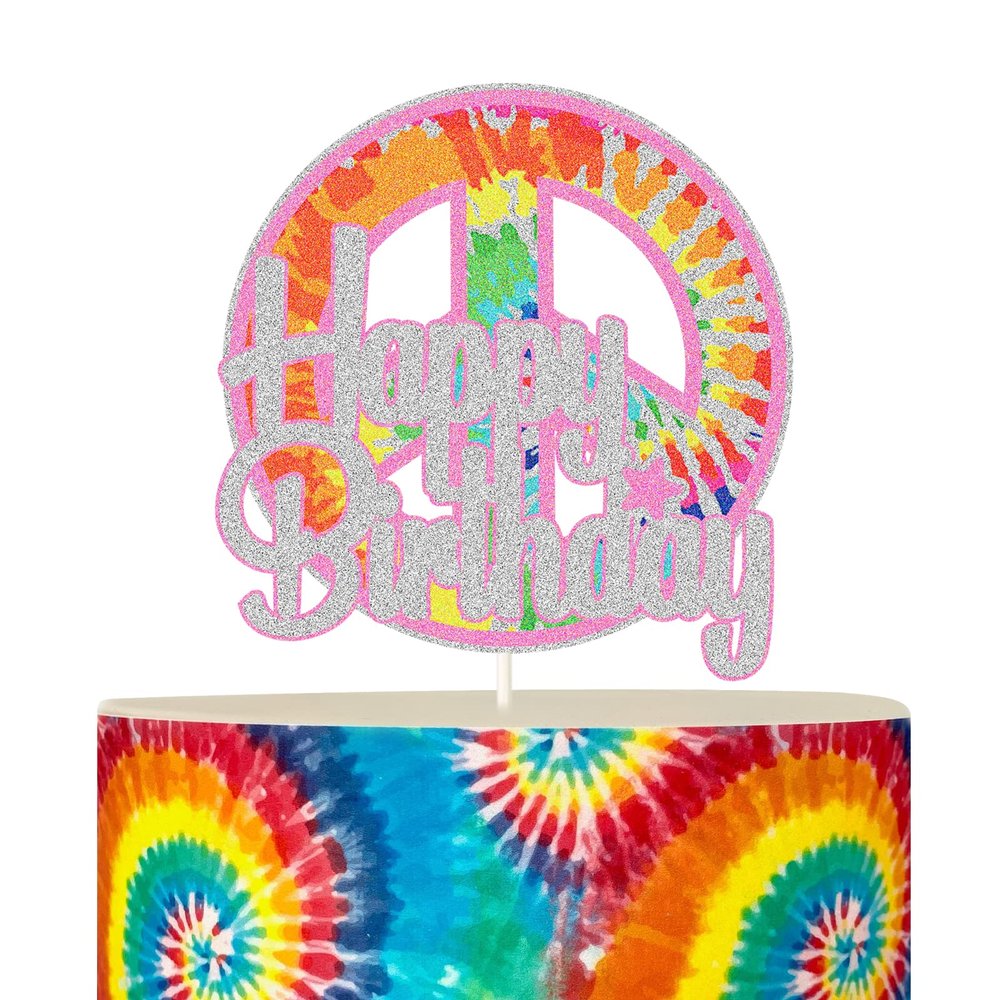 Tie Dye Happy Birthday Cake Topper,60's Hippie Theme Party Cake Decor, Peace and Love for Birthday Party Supplies