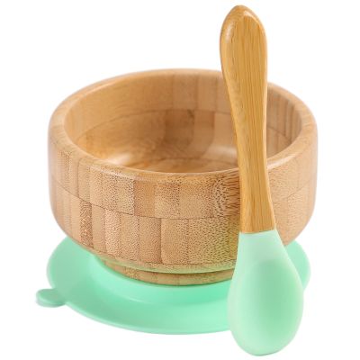 Baby Bamboo Bowls with Suction and Matching Spoon Set,2PC Feeding Supplies Set for Infant, Toddlers,Detachable Silicone Suction Stay Put Base for Wooden Bowl Mint