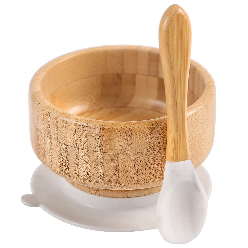 Baby Bamboo Bowls with Suction and Matching Spoon Set - 2PC Feeding Supplies Set for Infant, Toddlers - Detachable Silicone Suction Stay Put Base for Wooden Bowl - BPA Free Marble