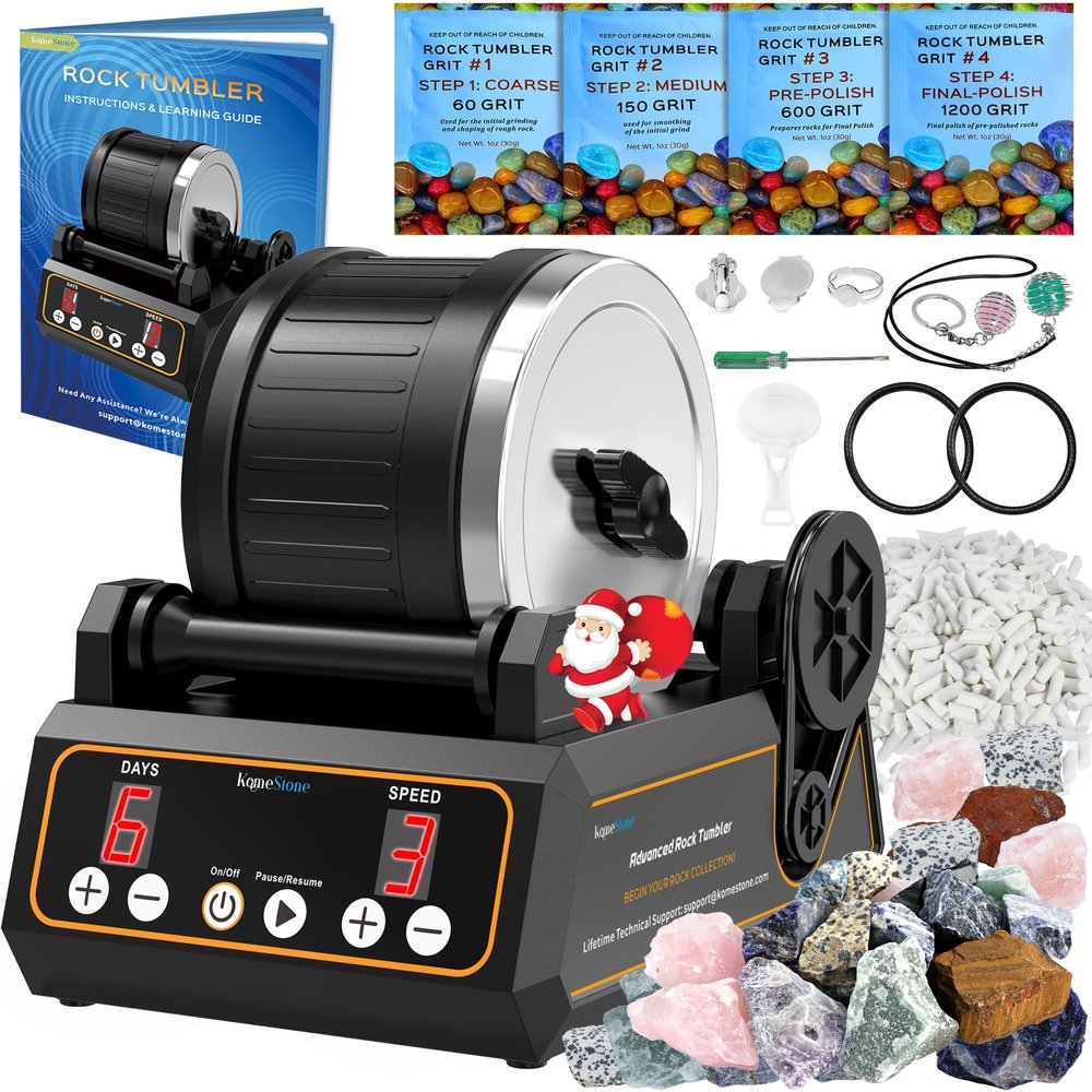 KomeStone Rock Tumbler Kit, K1 Professional Large 2.5LB Capacity Edition - Memory Function, Digital Timer & Variable Speeds: Includes All Accessories, Rock Polisher Gift for Adults & Kids
