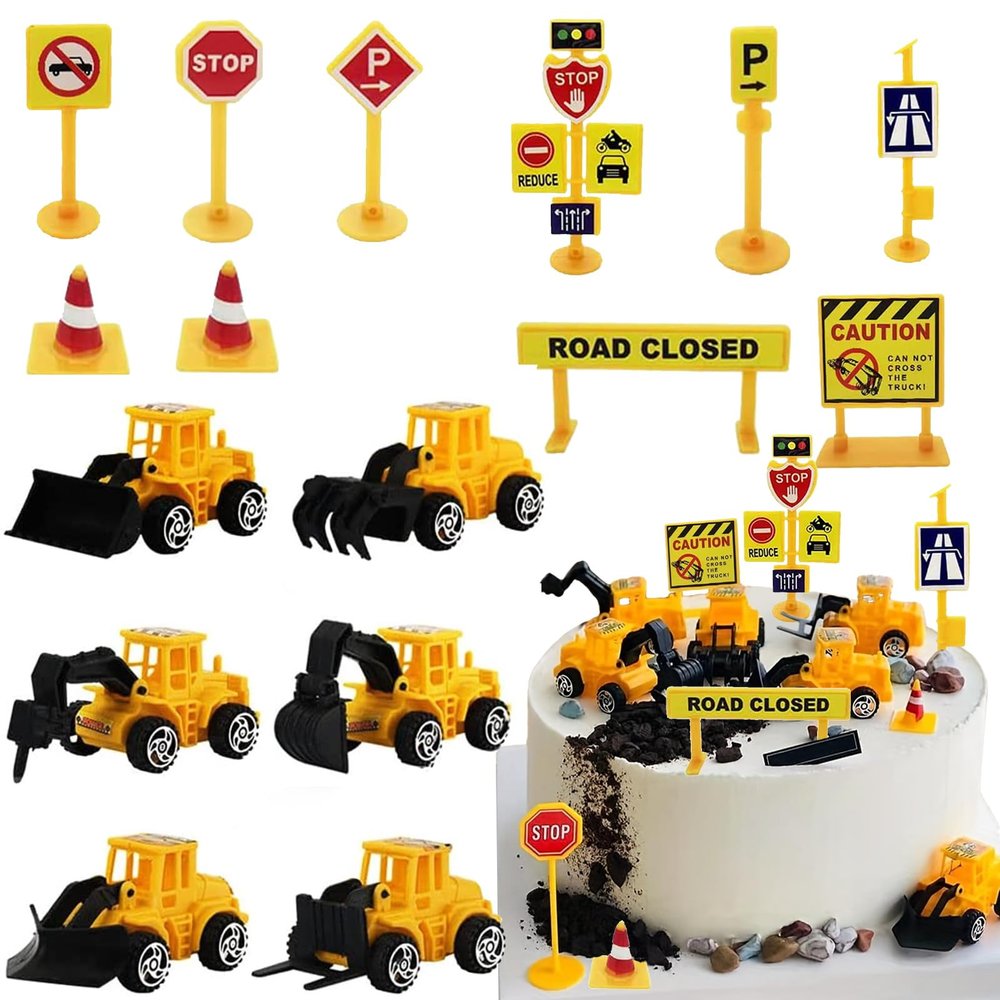 Newmemo Construction Cake Topper Vehicles Cake Decoration Set Truck Excavator Tower Crane Cupcake Topper Traffic and Road Sign Decor Happy Birthday Party Supplies Favors-16pcs