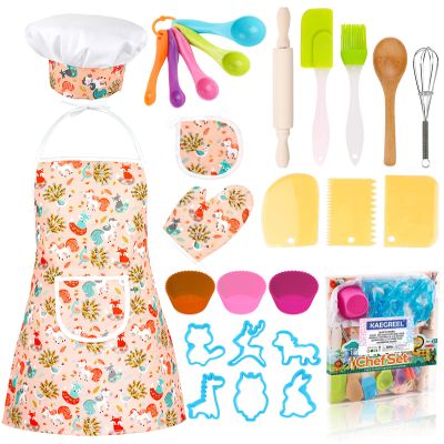 KAEGREEL Kids Baking Chef Set with Unicorn Apron and Mitt, 26pcs Kitchen Toys Kid Cooking Set with Chef Hat Spoons Whisk, Chef Role Play Gifts for Girls Boys Aged 3 4 5 6 8 Year Old